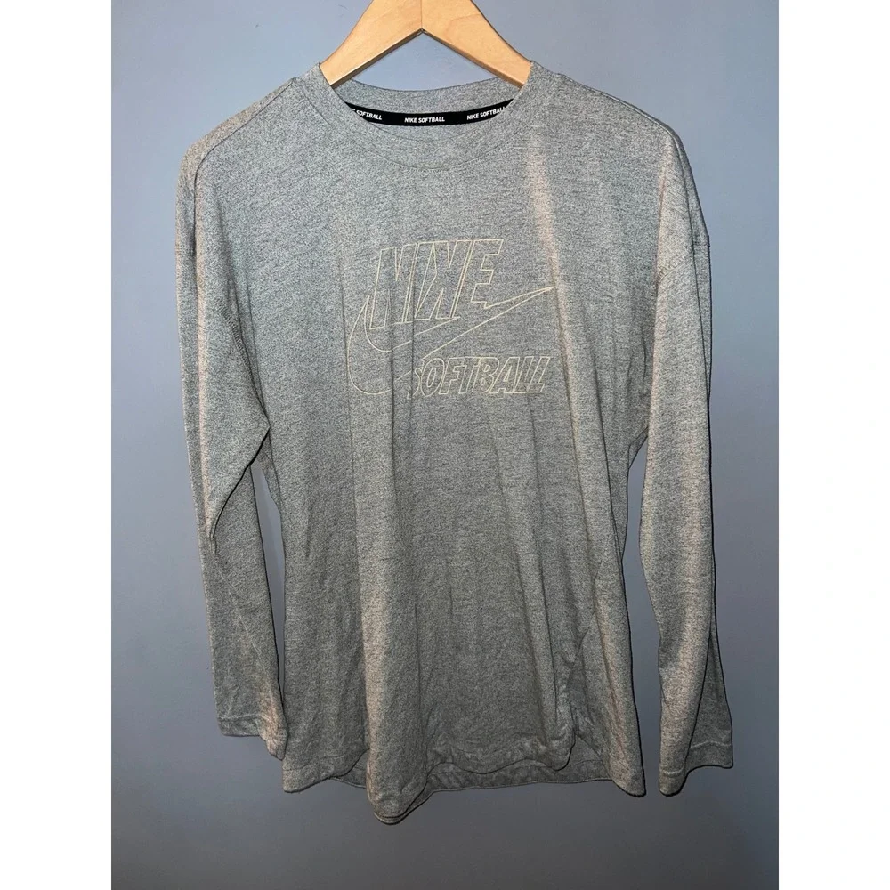 Nike Softball Dri-FIT Long Sleeve Shirt Heather Grey Women Large Logo T-Shirt